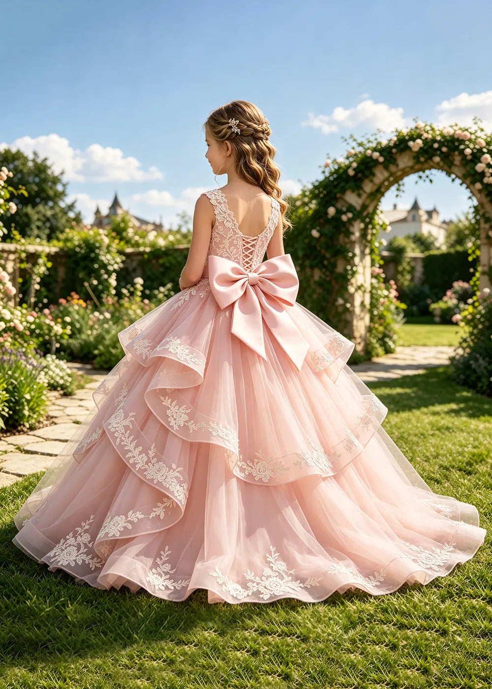 Embroidered Bow Back Junior Bridesmaid Gown