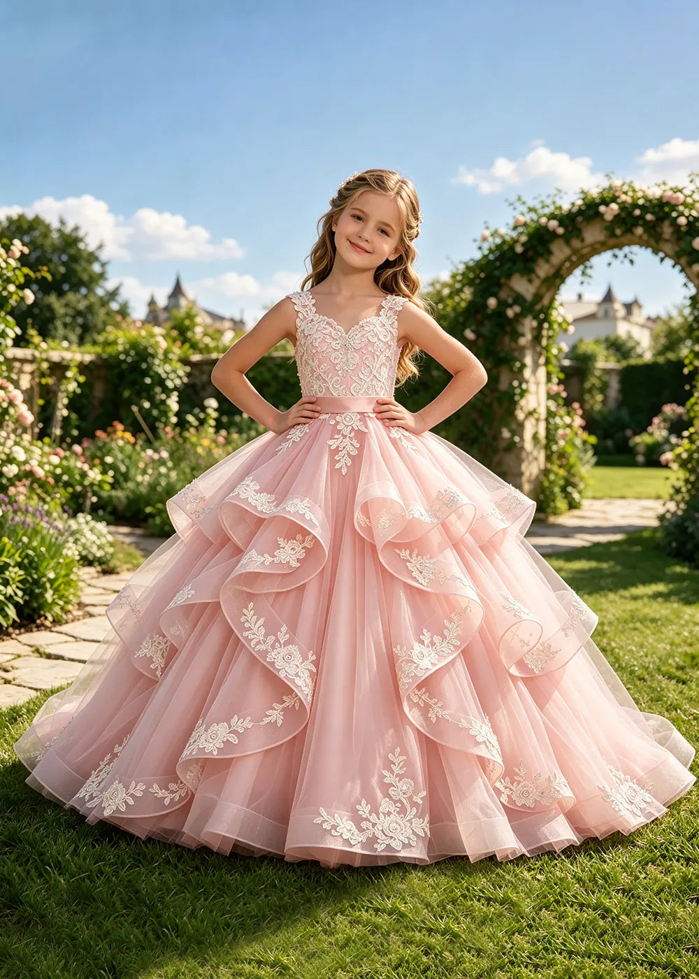 Floral Lace Corset-Back Flower Girl Ball Gown
