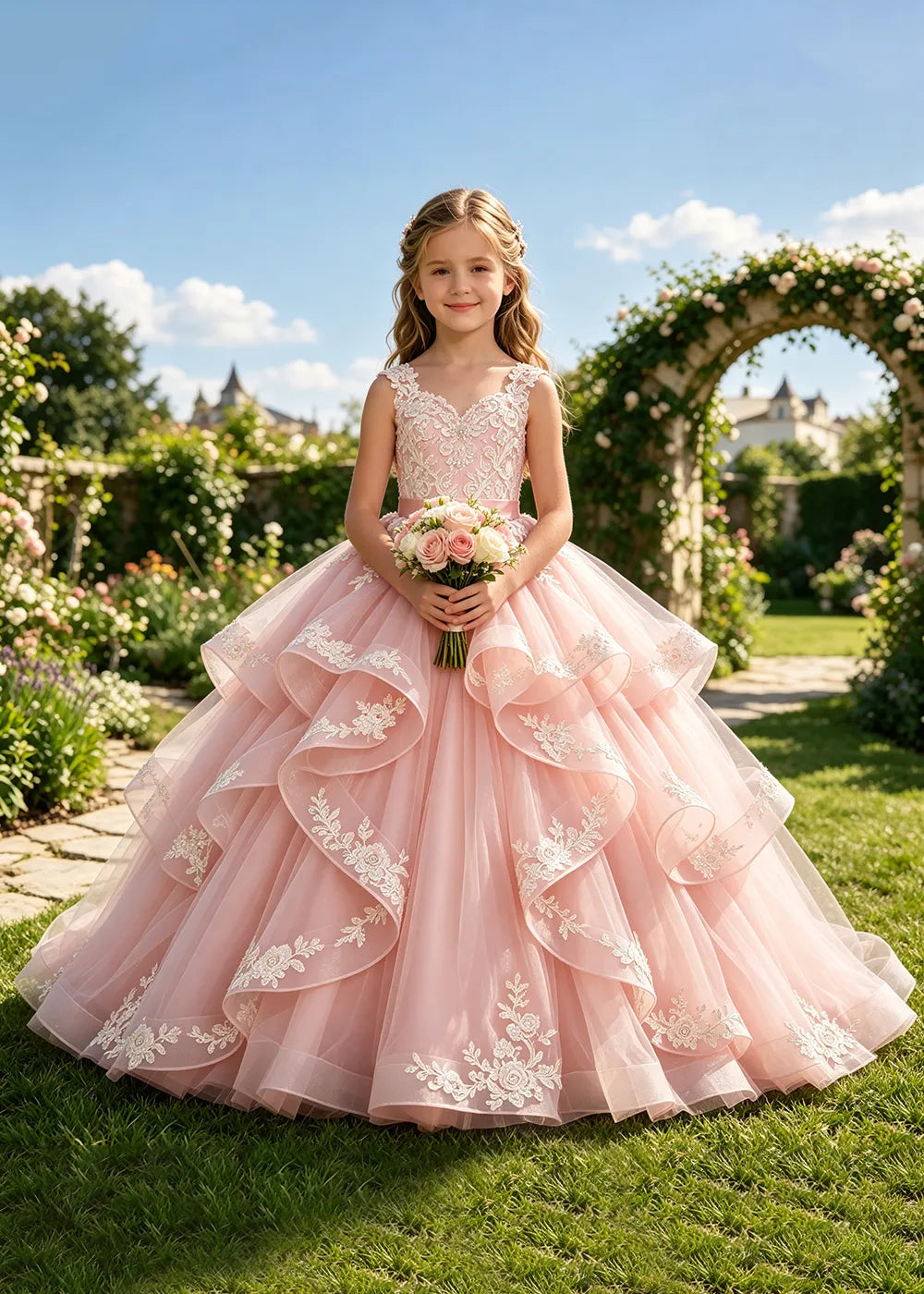Floral Lace Corset-Back Flower Girl Ball Gown