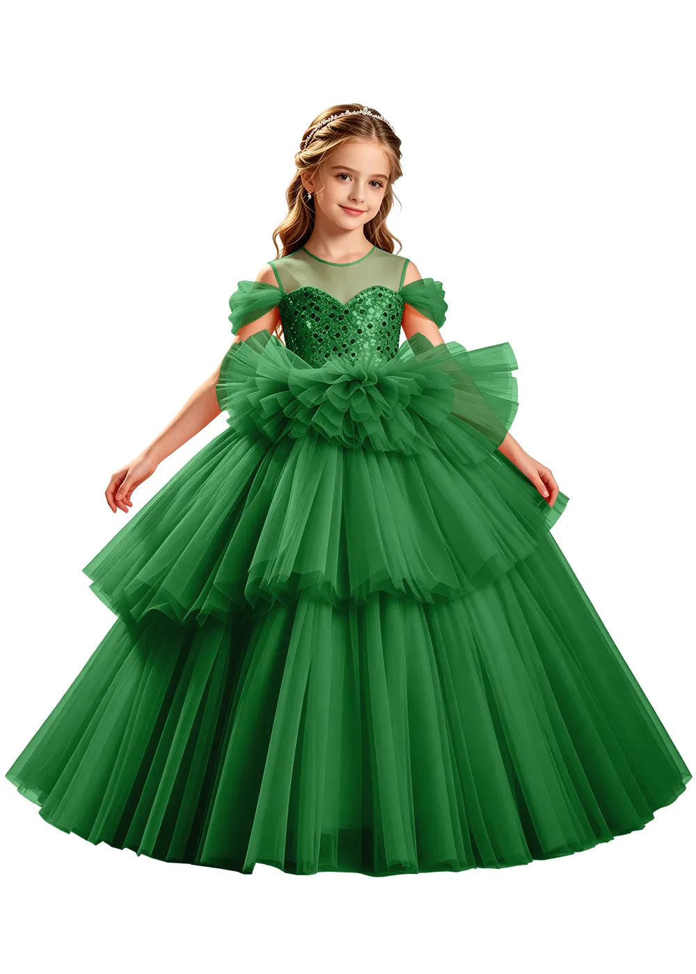 Sequin Off-Shoulder Layered Tulle Pageant Dress
