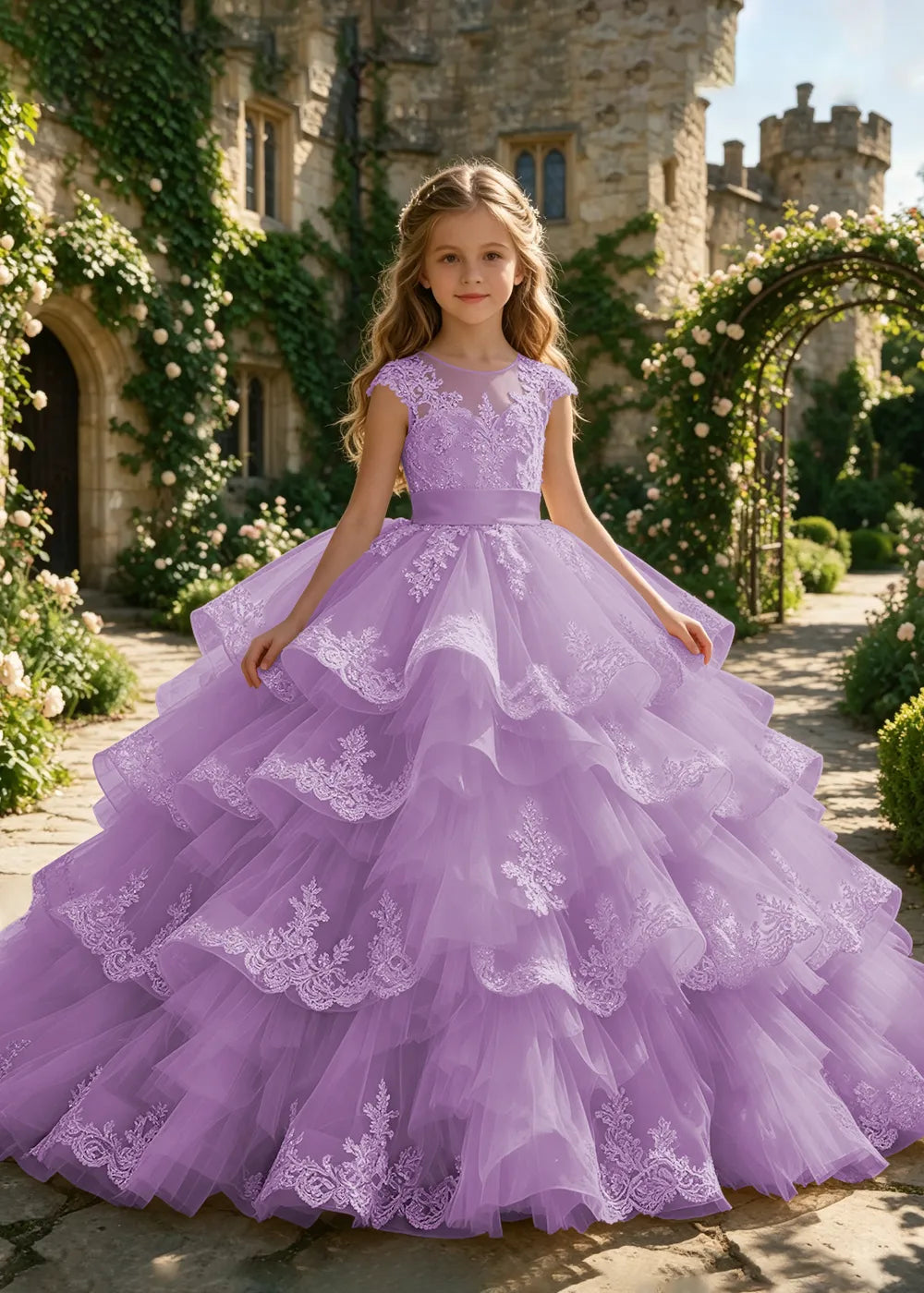 Cascading Lace Ruffle Flower Girl Ball Gown