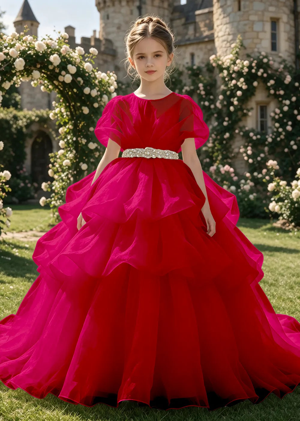 Jeweled Waist Puff Sleeve Flower Girl Ball Gown