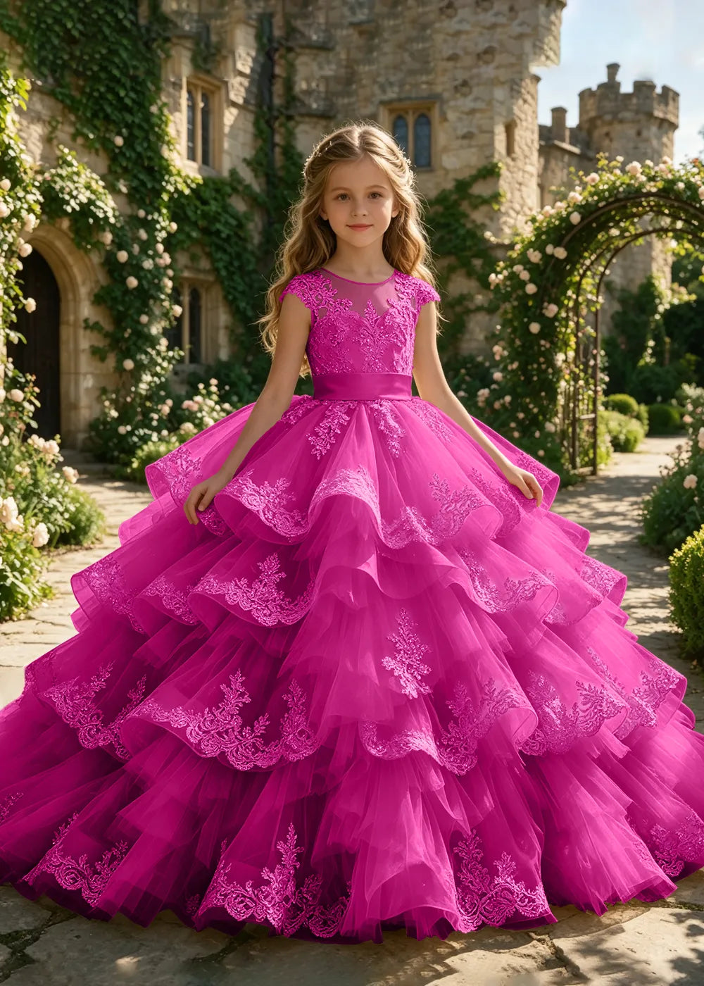 Cascading Lace Ruffle Flower Girl Ball Gown