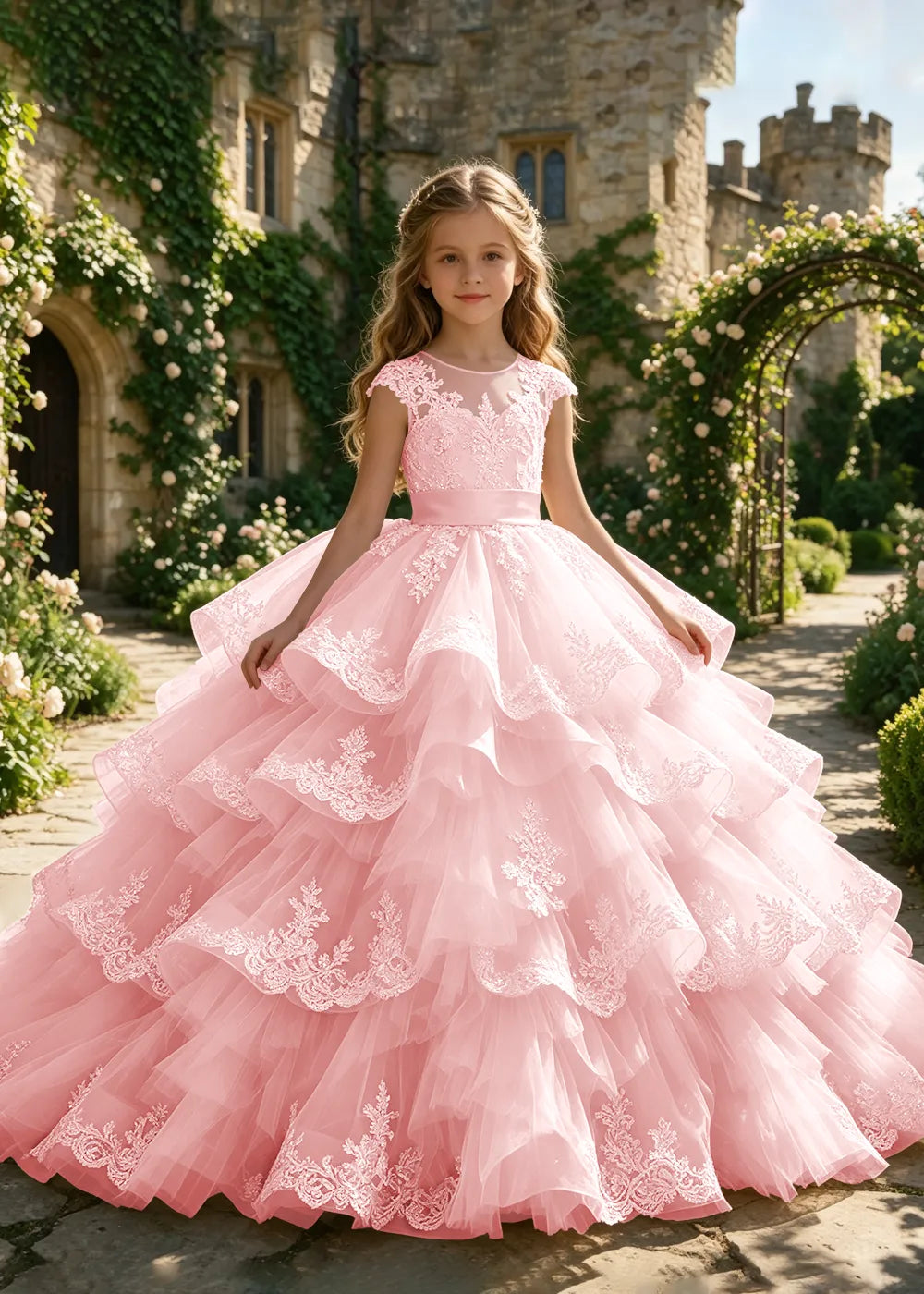 Cascading Lace Ruffle Flower Girl Ball Gown
