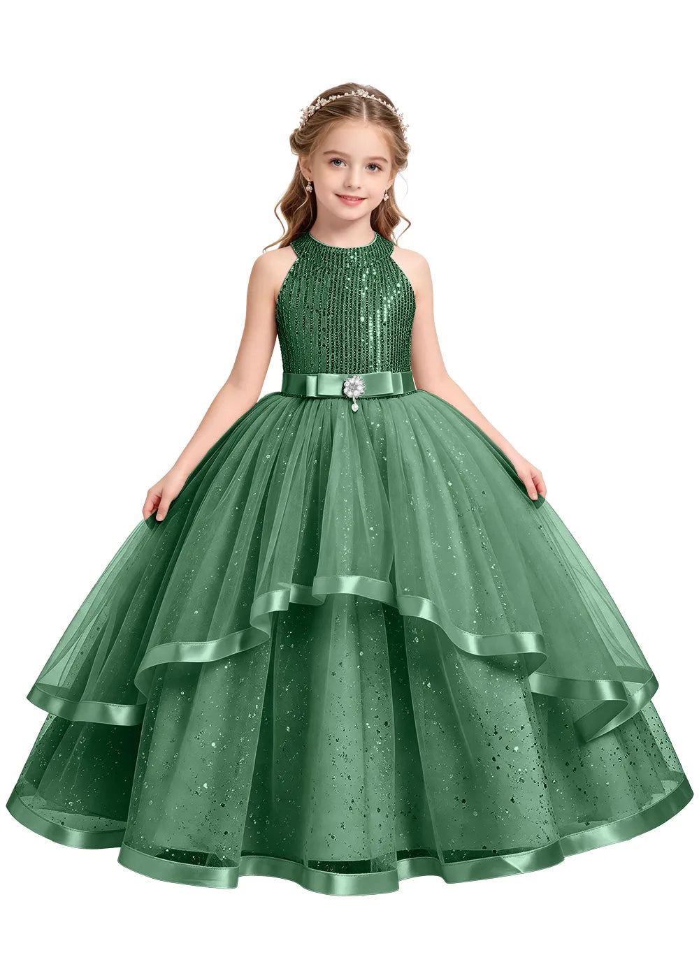 Elegant Glitter Tulle Girls Pageant Gown