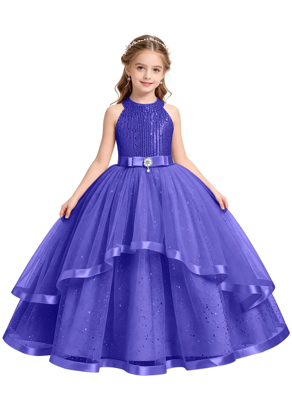 Elegant Glitter Tulle Girls Pageant Gown