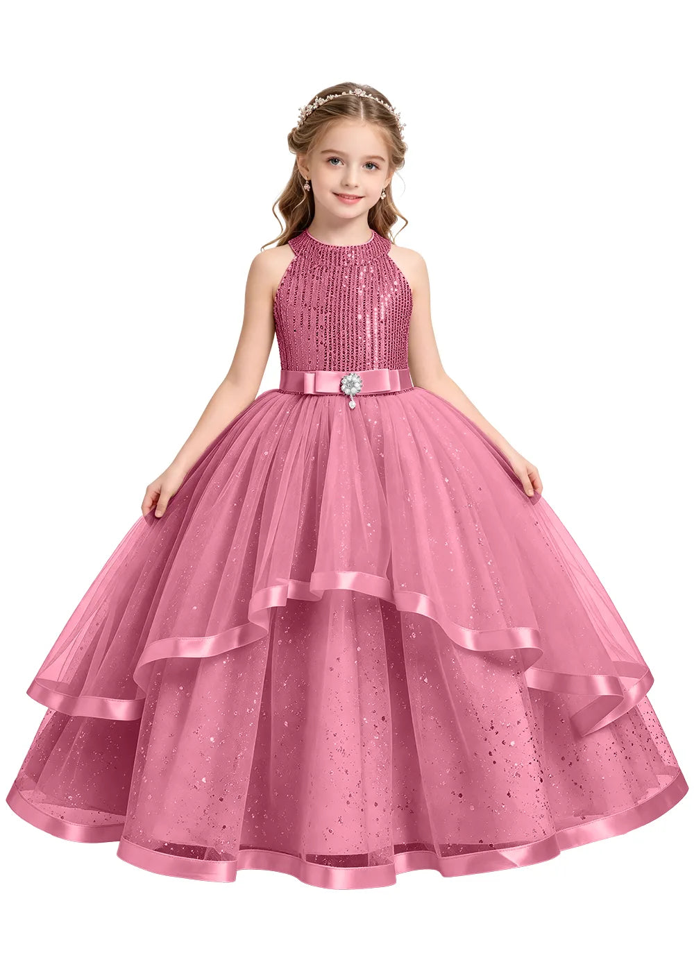 Elegant Glitter Tulle Girls Pageant Gown