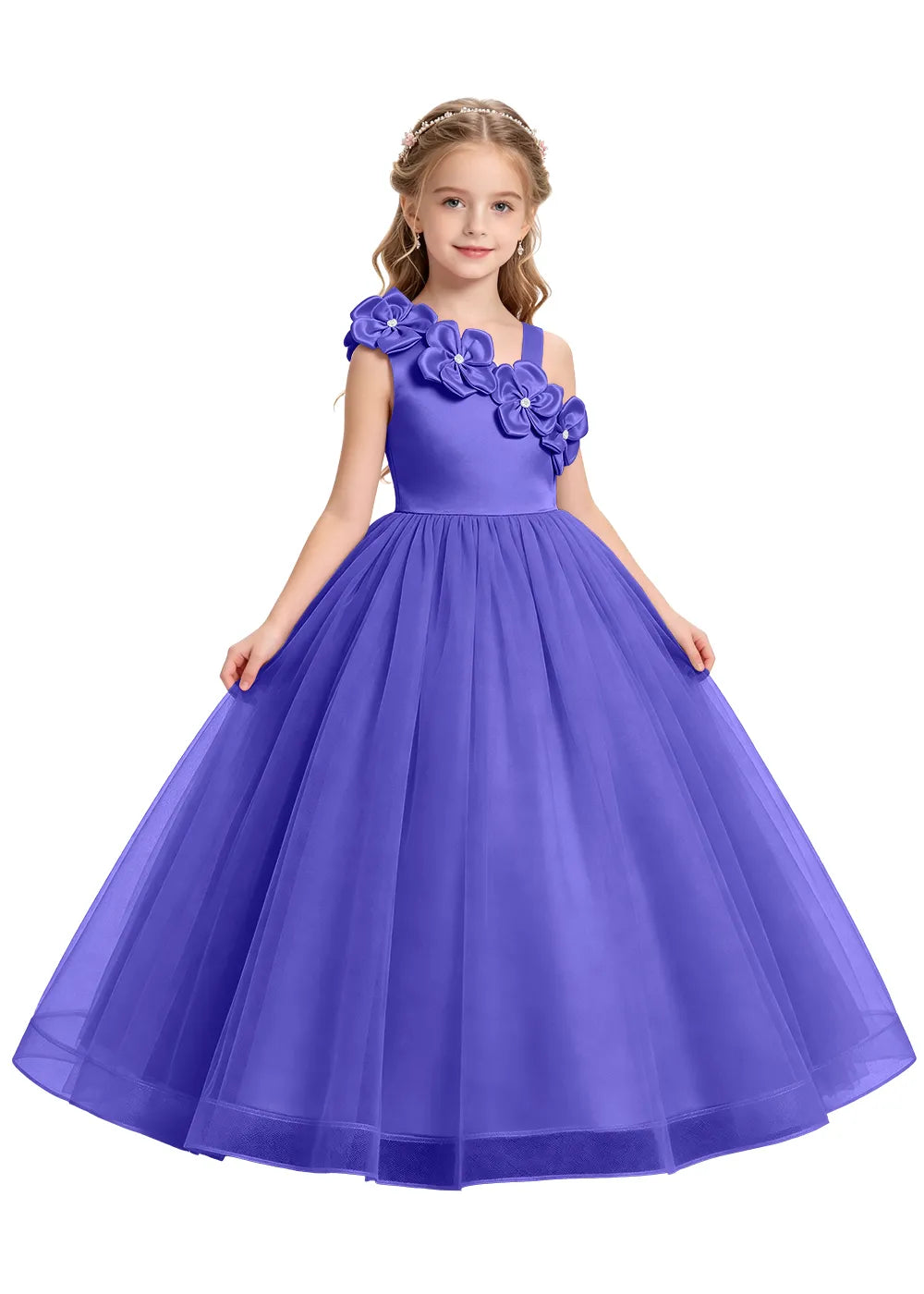 Asymmetrical Flower Appliqué Tulle Formal Dress