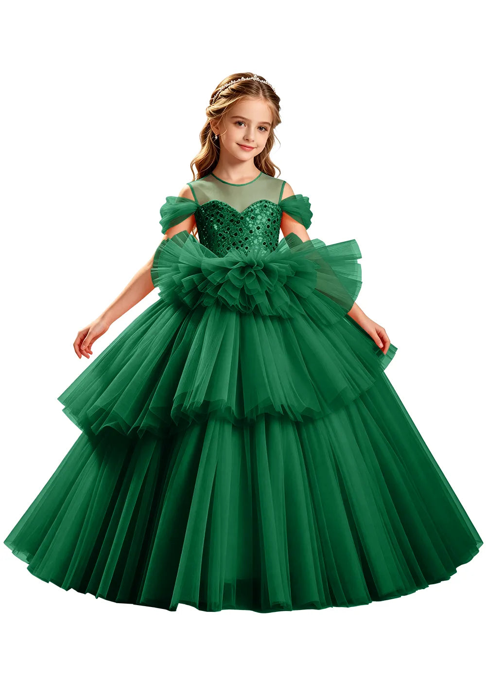 Sequin Off-Shoulder Layered Tulle Pageant Dress
