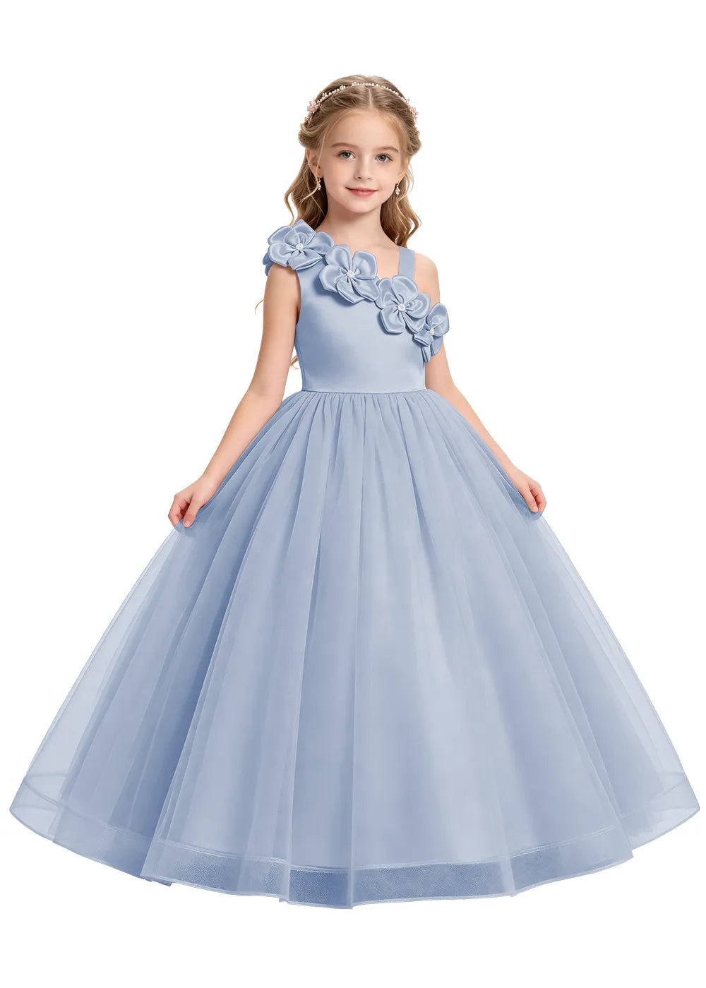 Asymmetrical Flower Appliqué Tulle Formal Dress
