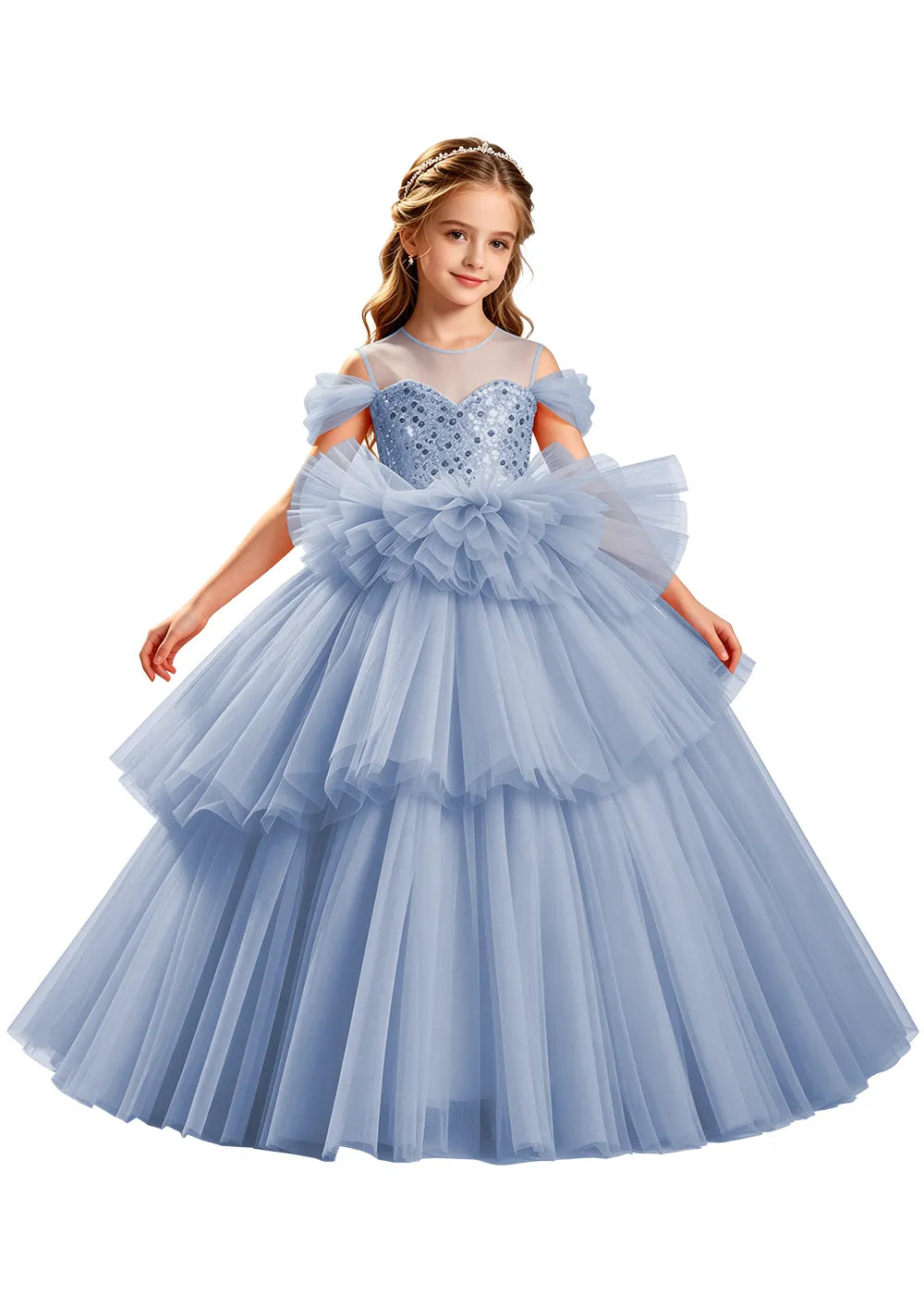 Sequin Off-Shoulder Layered Tulle Pageant Dress