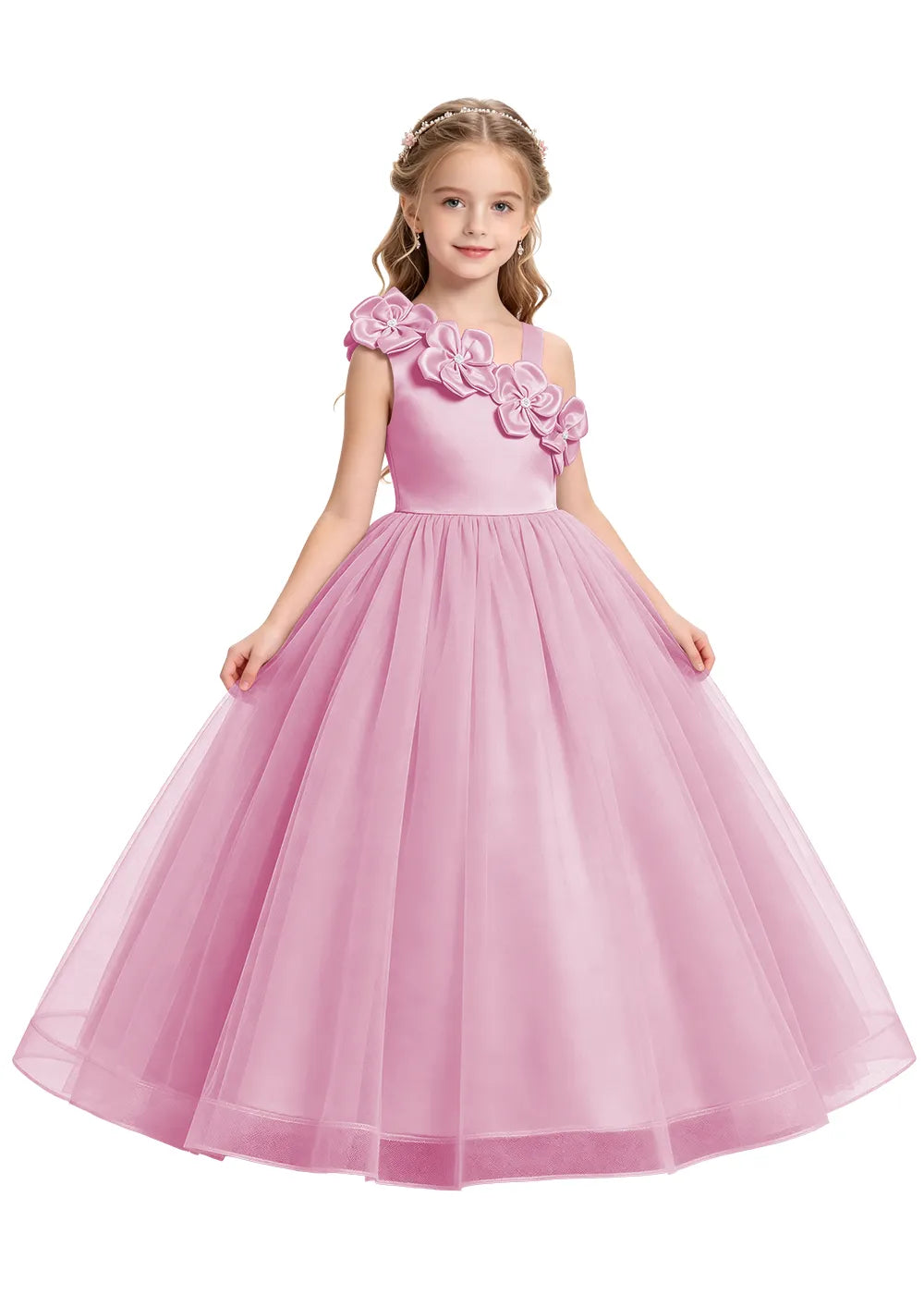 Asymmetrical Flower Appliqué Tulle Formal Dress