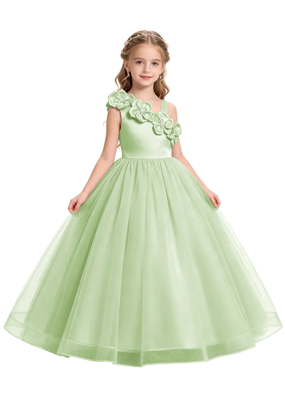 Asymmetrical Flower Appliqué Tulle Formal Dress