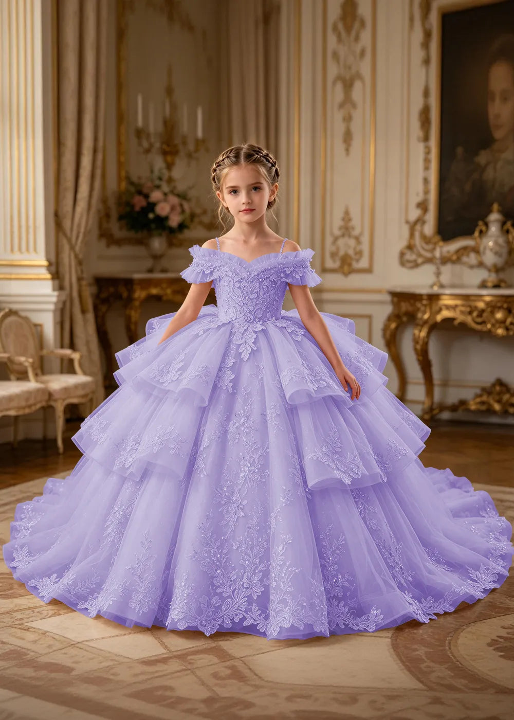 Luxury Princess Tulle Dress with Embroidered Lace and Long Train