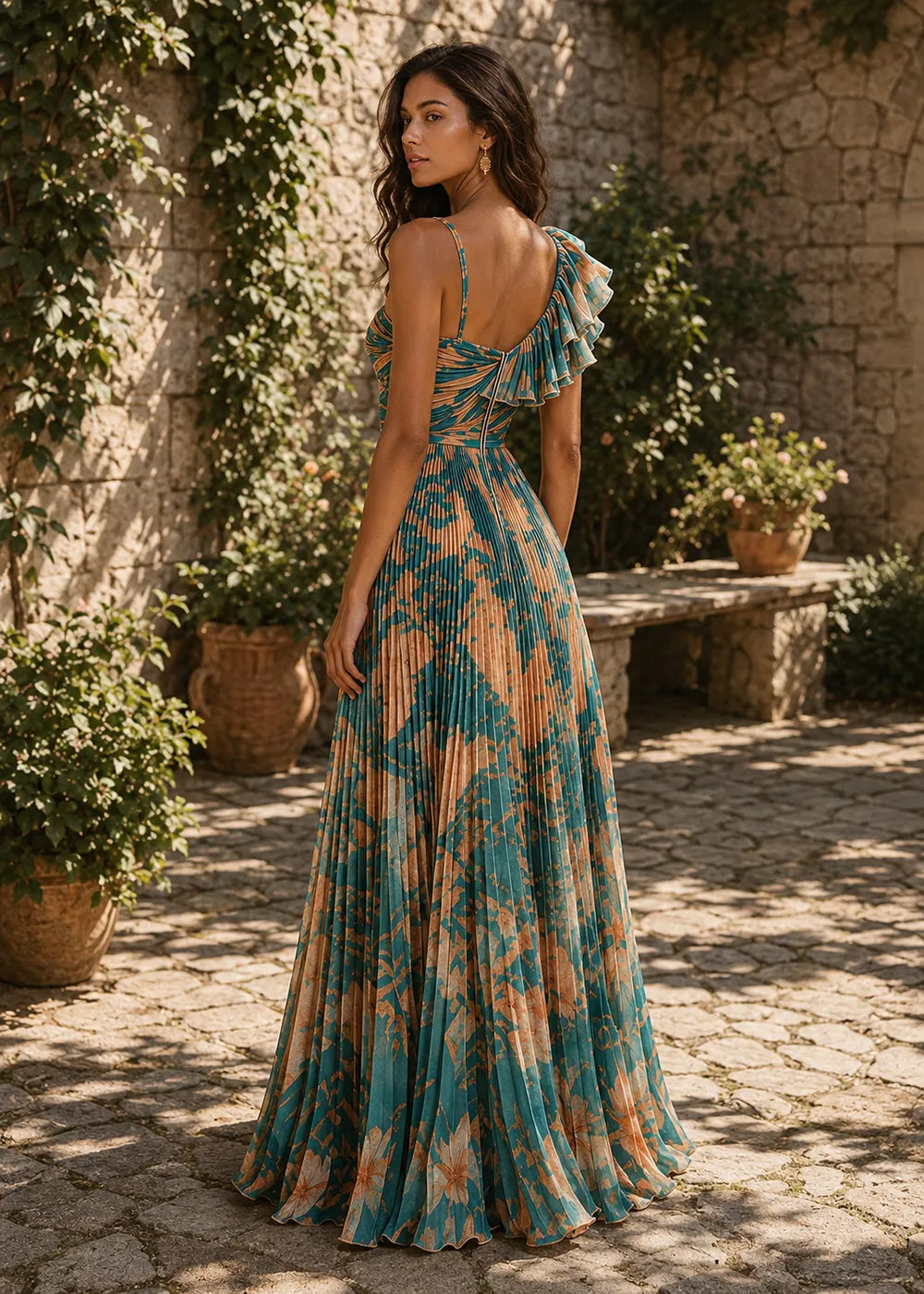 Botanical Ruffle One-Shoulder Pleated Gown