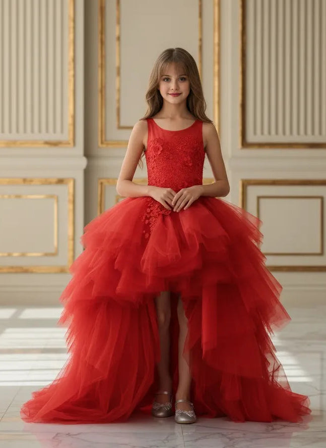 High-Low Layered Tulle Gown for Girls