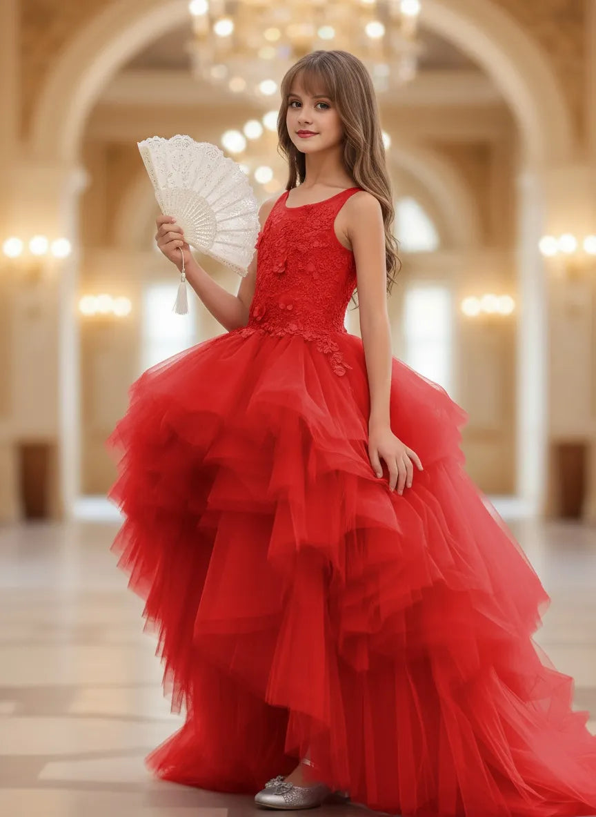 fitted lace wedding dress High-Low Tulle Flower Girl Dress with 3D Floral Bodice