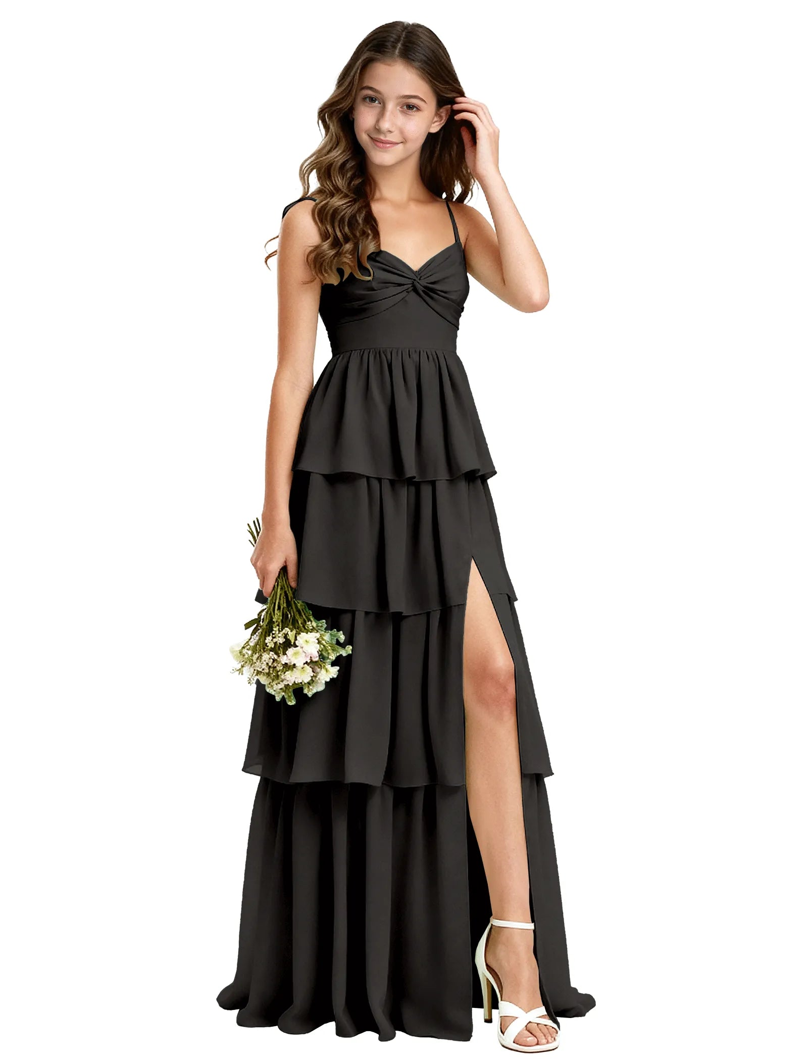 Tiered Chiffon Maxi Dress for Girls with Slit Detail