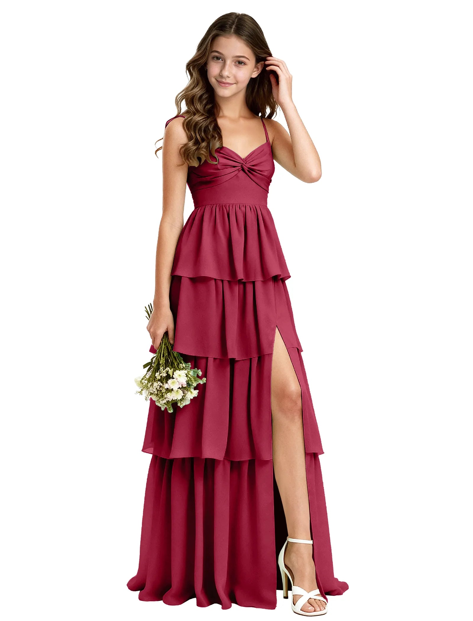 Tiered Chiffon Maxi Dress for Girls with Slit Detail