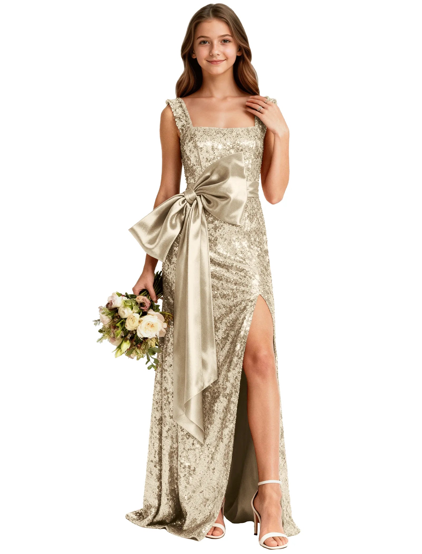Sequin Formal Dress for Girls With Bow and Slit
