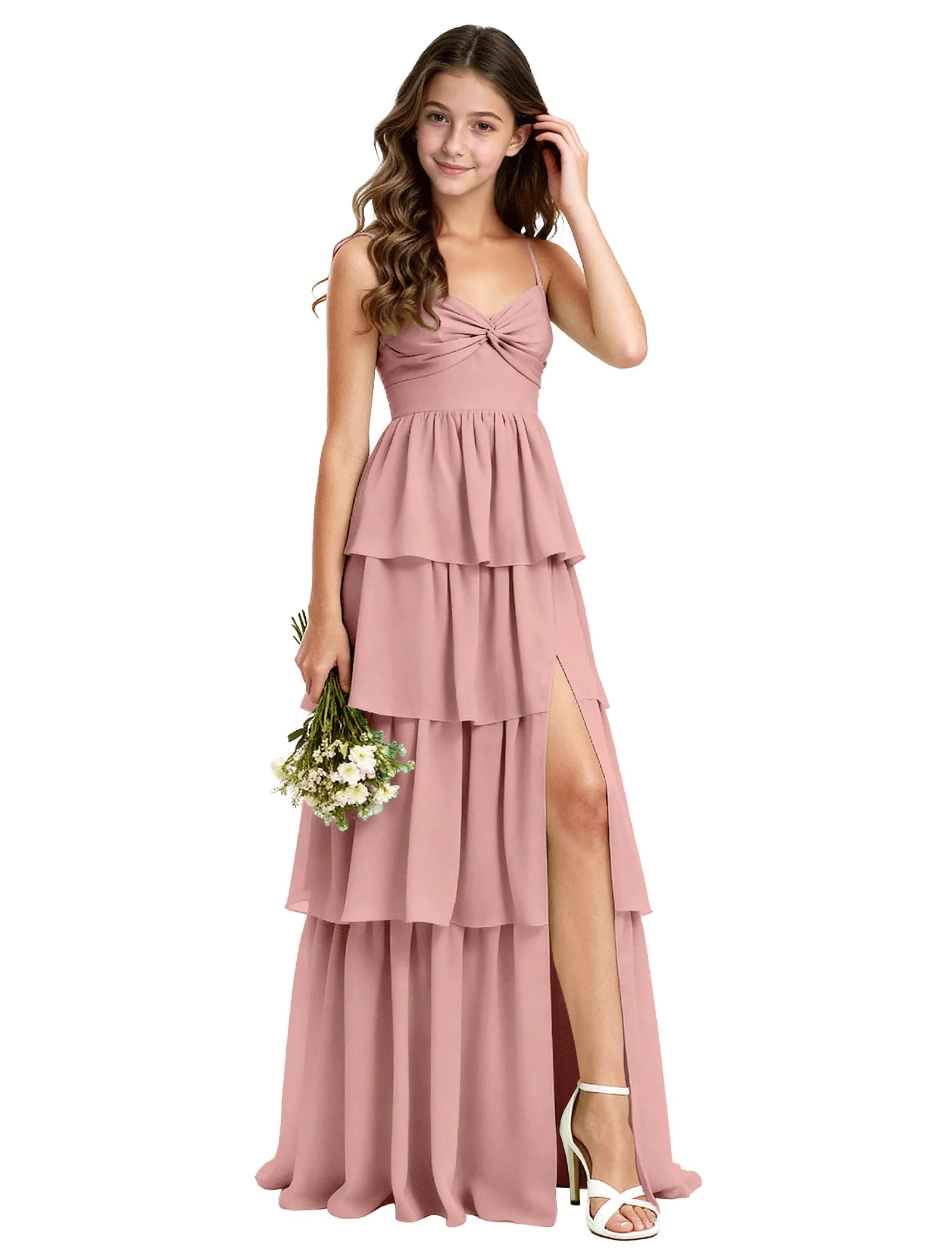 Tiered Chiffon Maxi Dress for Girls with Slit Detail