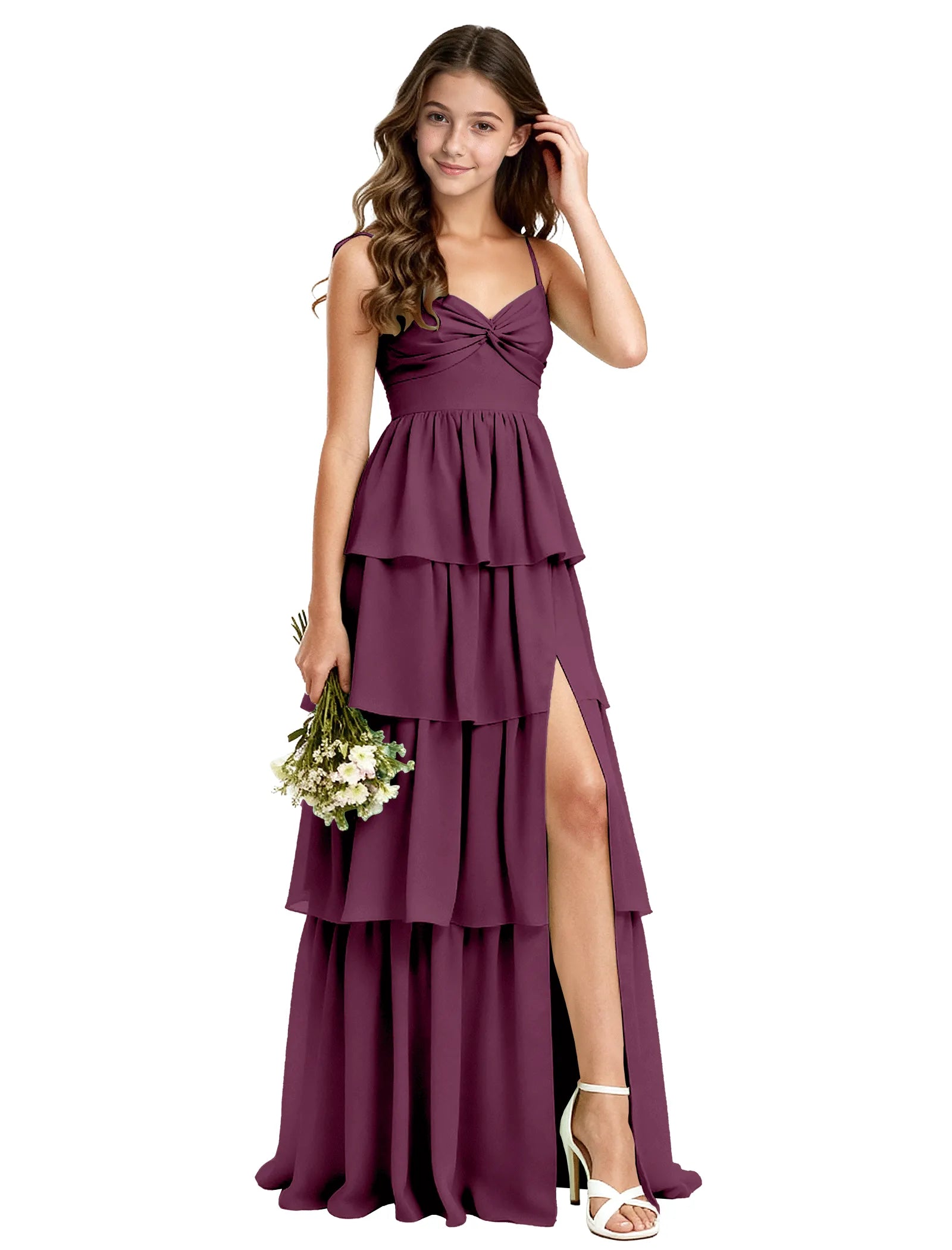 Tiered Chiffon Maxi Dress for Girls with Slit Detail