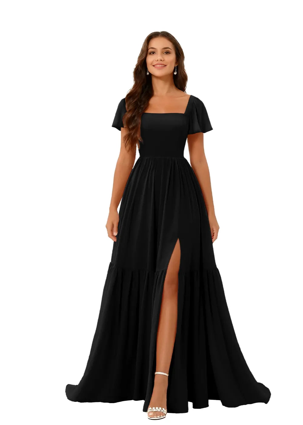 Square Neck Flowy Chiffon Bridesmaid Dress