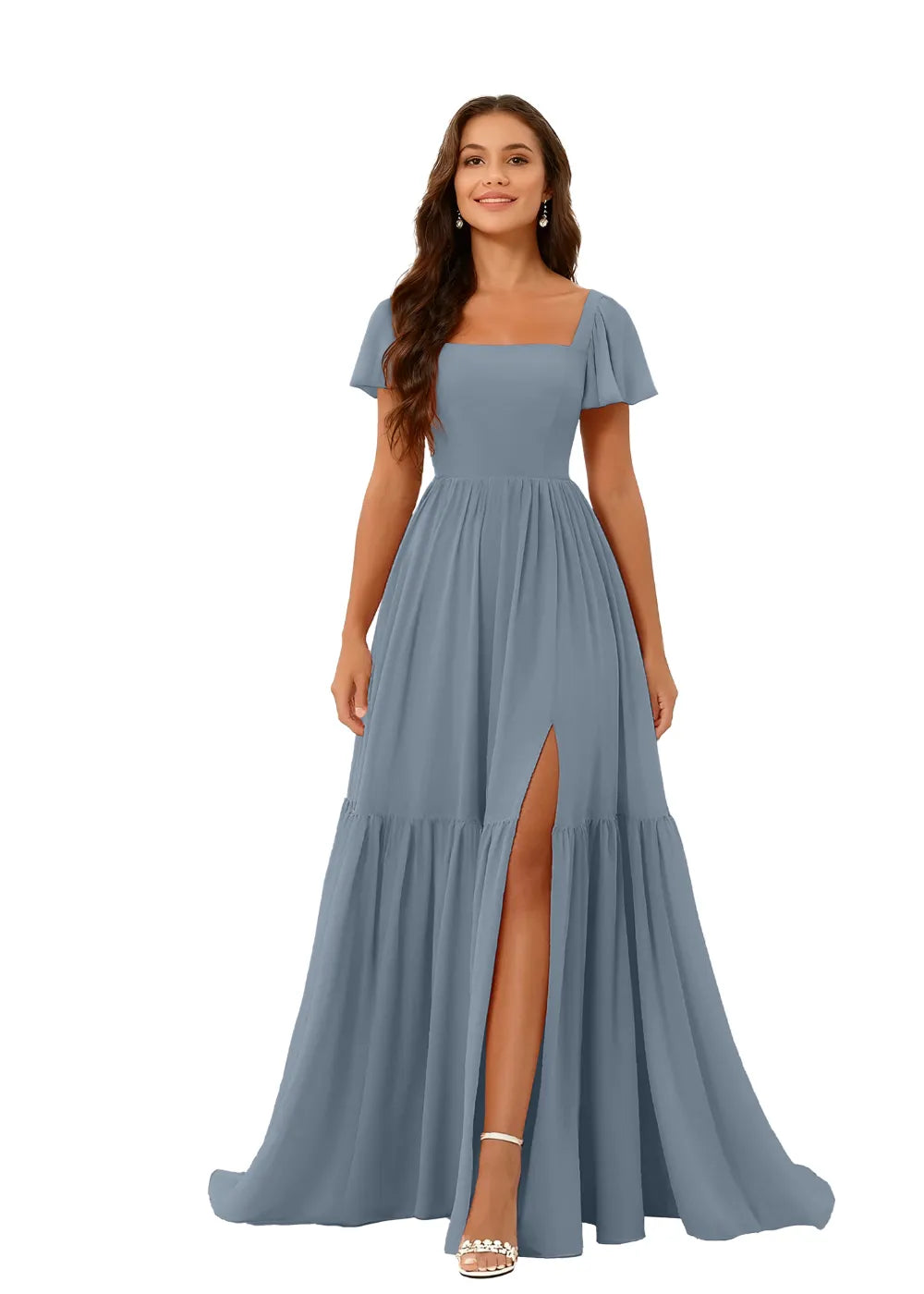 Square Neck Flowy Chiffon Bridesmaid Dress