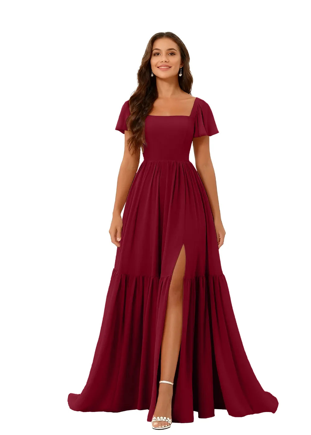 Square Neck Flowy Chiffon Bridesmaid Dress