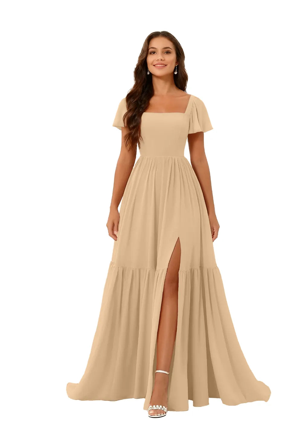 Square Neck Flowy Chiffon Bridesmaid Dress