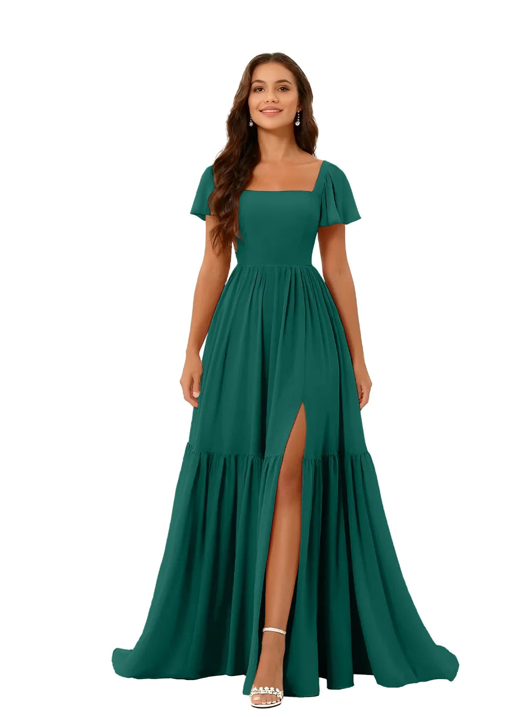 Square Neck Flowy Chiffon Bridesmaid Dress