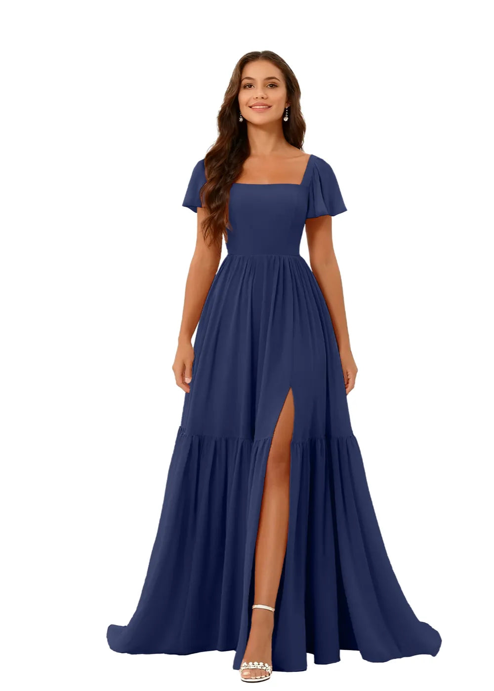 Square Neck Flowy Chiffon Bridesmaid Dress