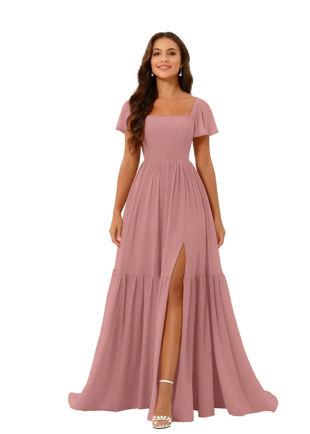 Square Neck Flowy Chiffon Bridesmaid Dress