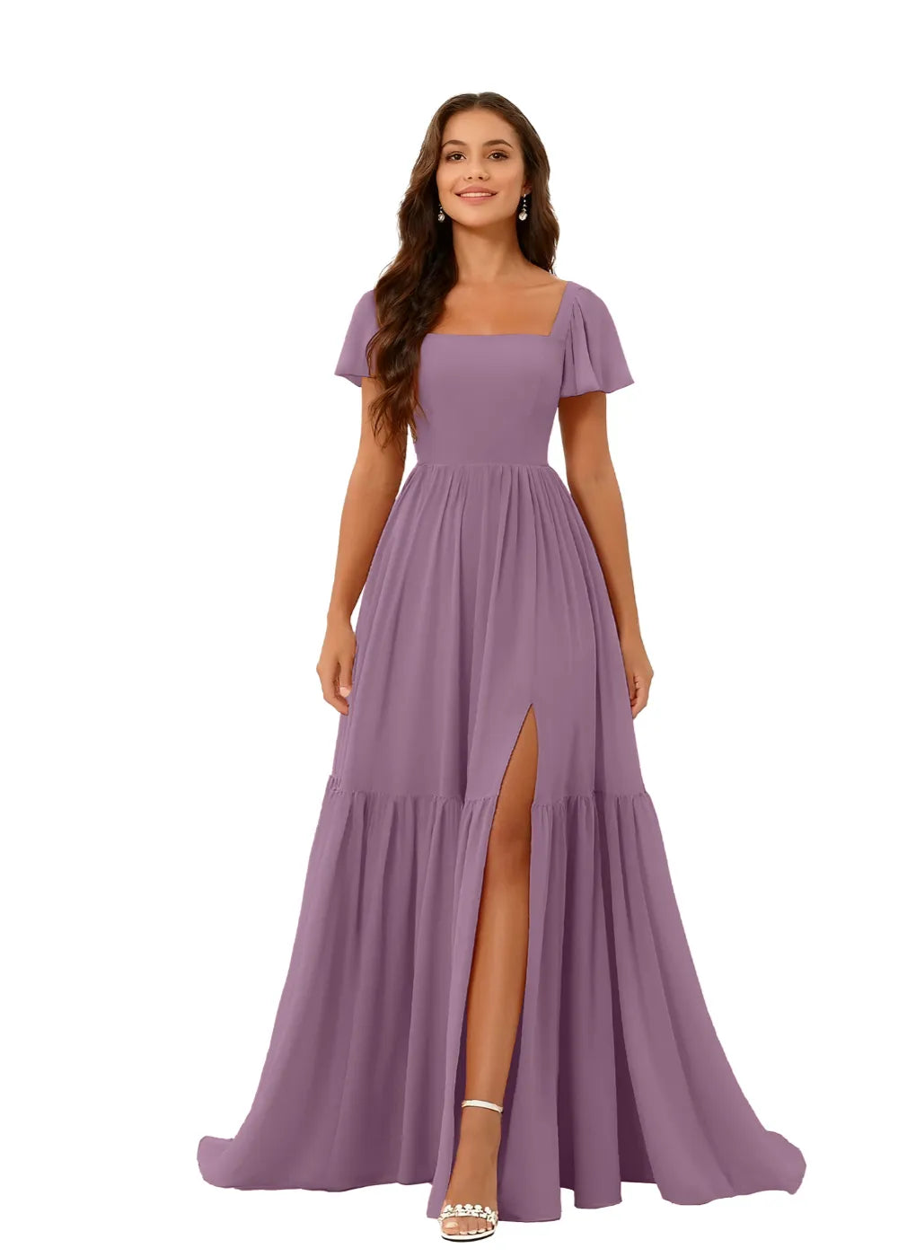 Square Neck Flowy Chiffon Bridesmaid Dress