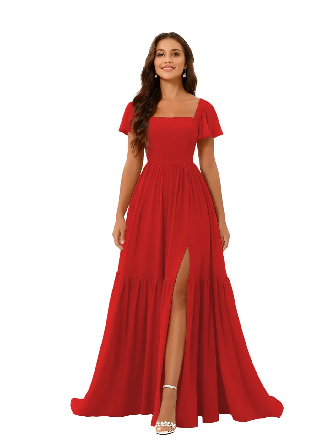 Square Neck Flowy Chiffon Bridesmaid Dress