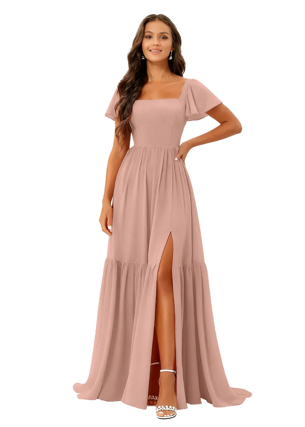 Square Neck Flowy Chiffon Bridesmaid Dress