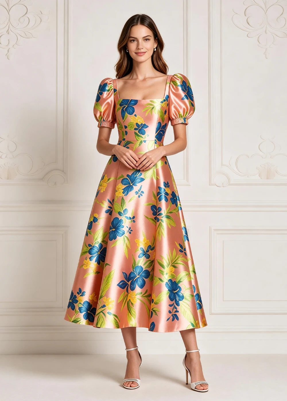 Rose Gold Floral Puff-Sleeve Satin Midi Dress