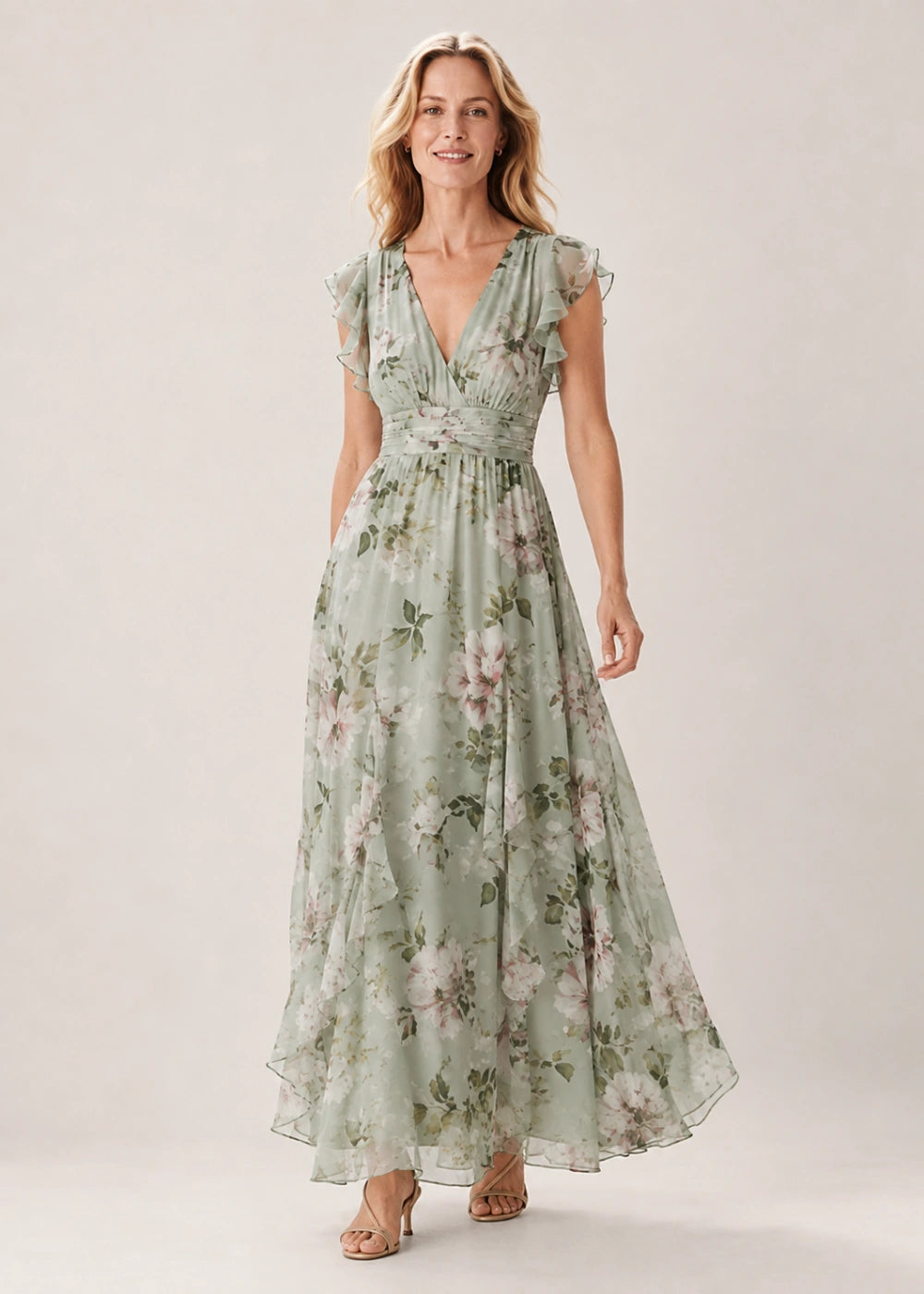 Sage Floral Flutter-Sleeve V-Neck Maxi Dress