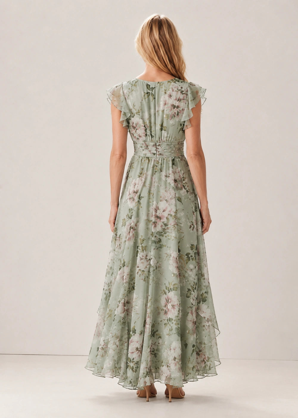 Sage Floral Flutter-Sleeve V-Neck Maxi Dress