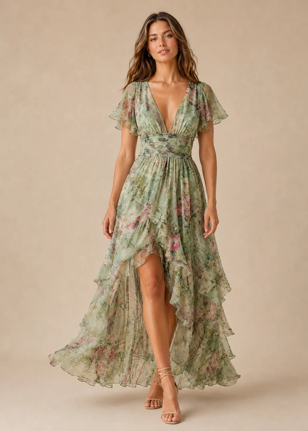 Sage Floral V-Neck Flutter-Sleeve High-Low Maxi Dress