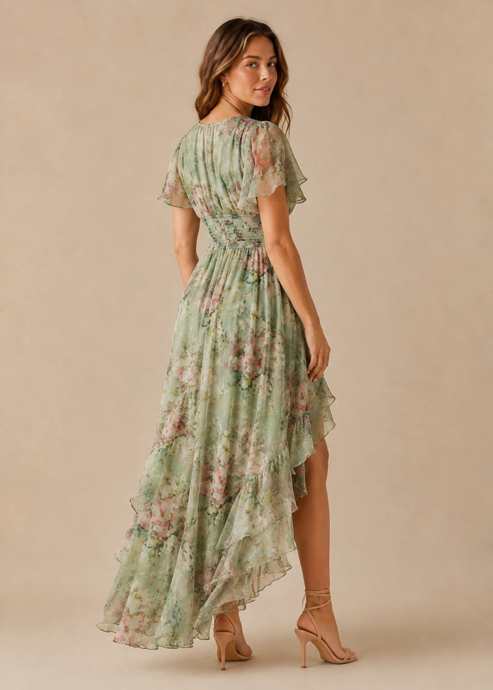 Sage Floral V-Neck Flutter-Sleeve High-Low Maxi Dress