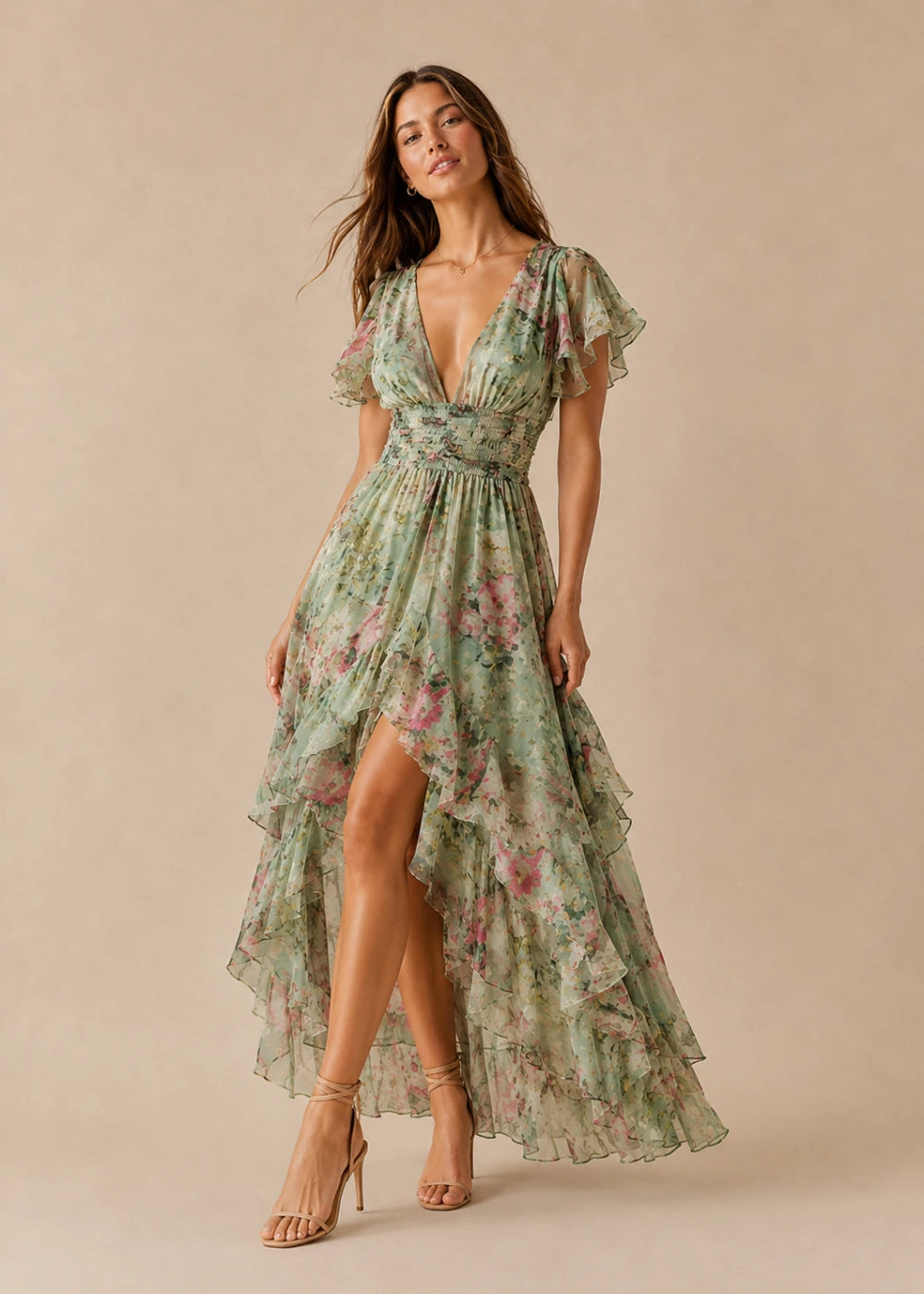 Sage Floral V-Neck Flutter-Sleeve High-Low Maxi Dress