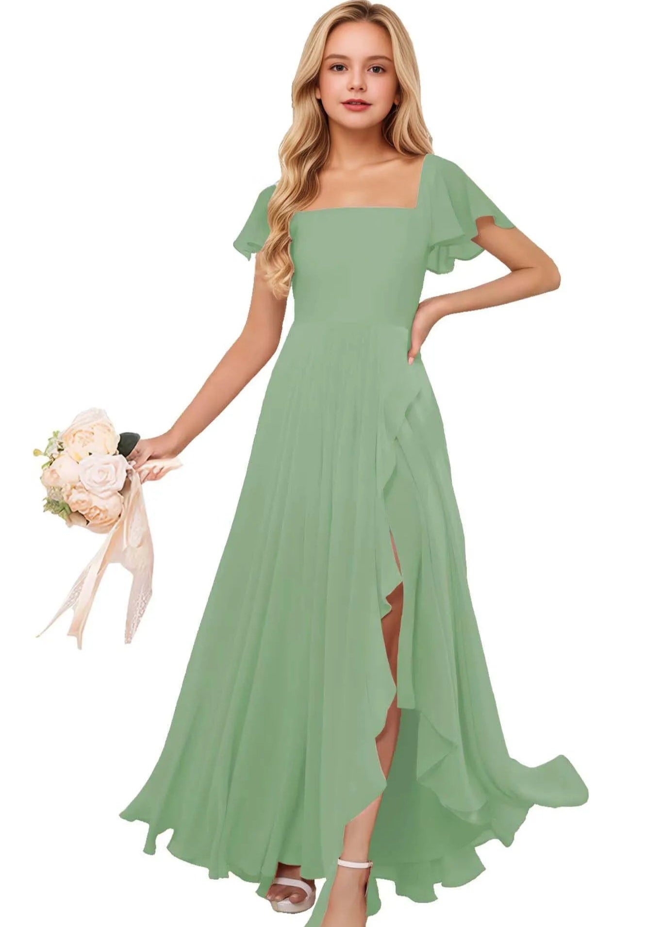 Elegant Junior Bridesmaid Dress with Square Neck & Flutter Sleeves | Fynony Elegant Junior Bridesmaid Dress with Square Neck & Flutter Sleeves | Fynony