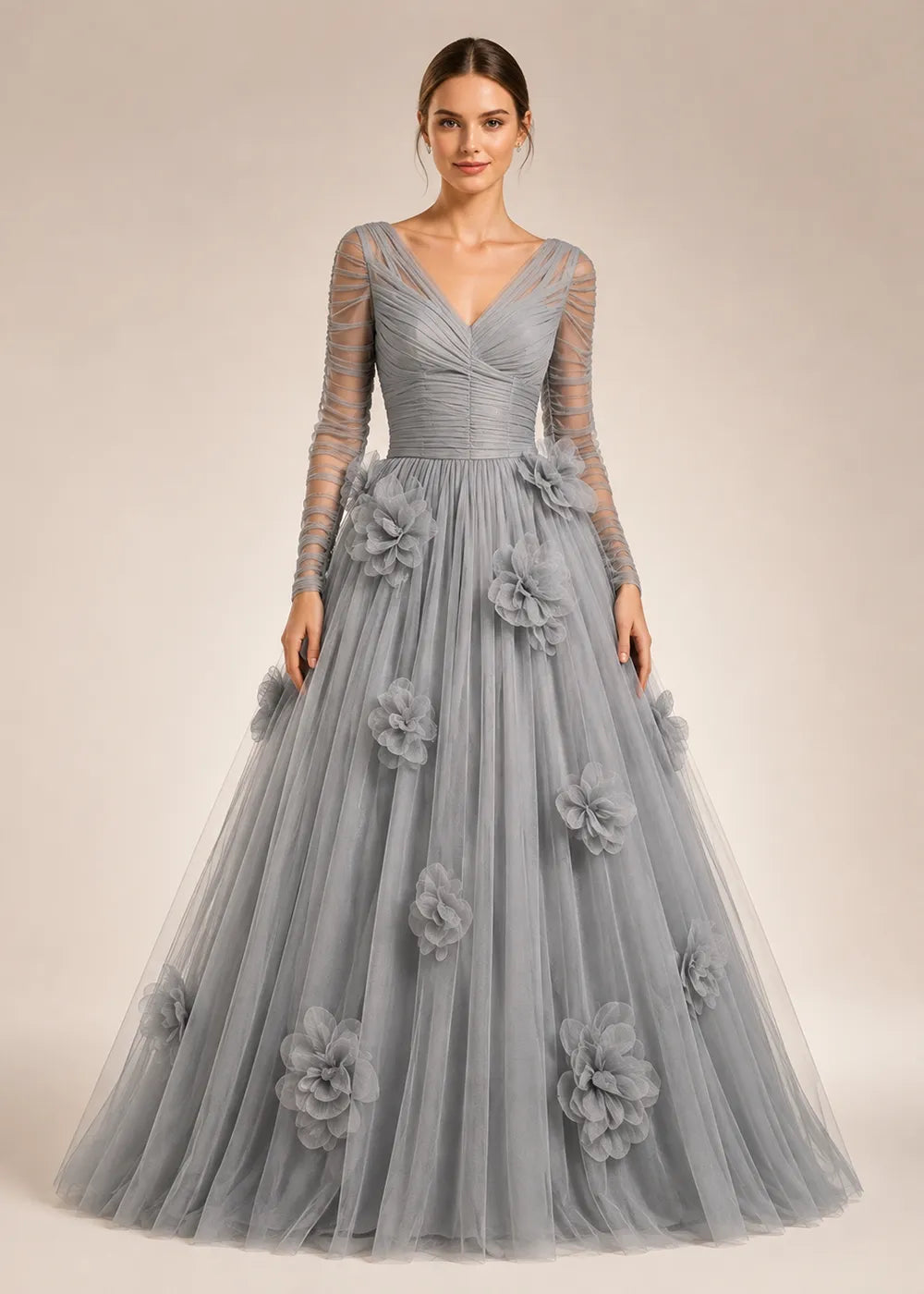 Timeless V Neck Long Sleeve Formal Tulle Dress