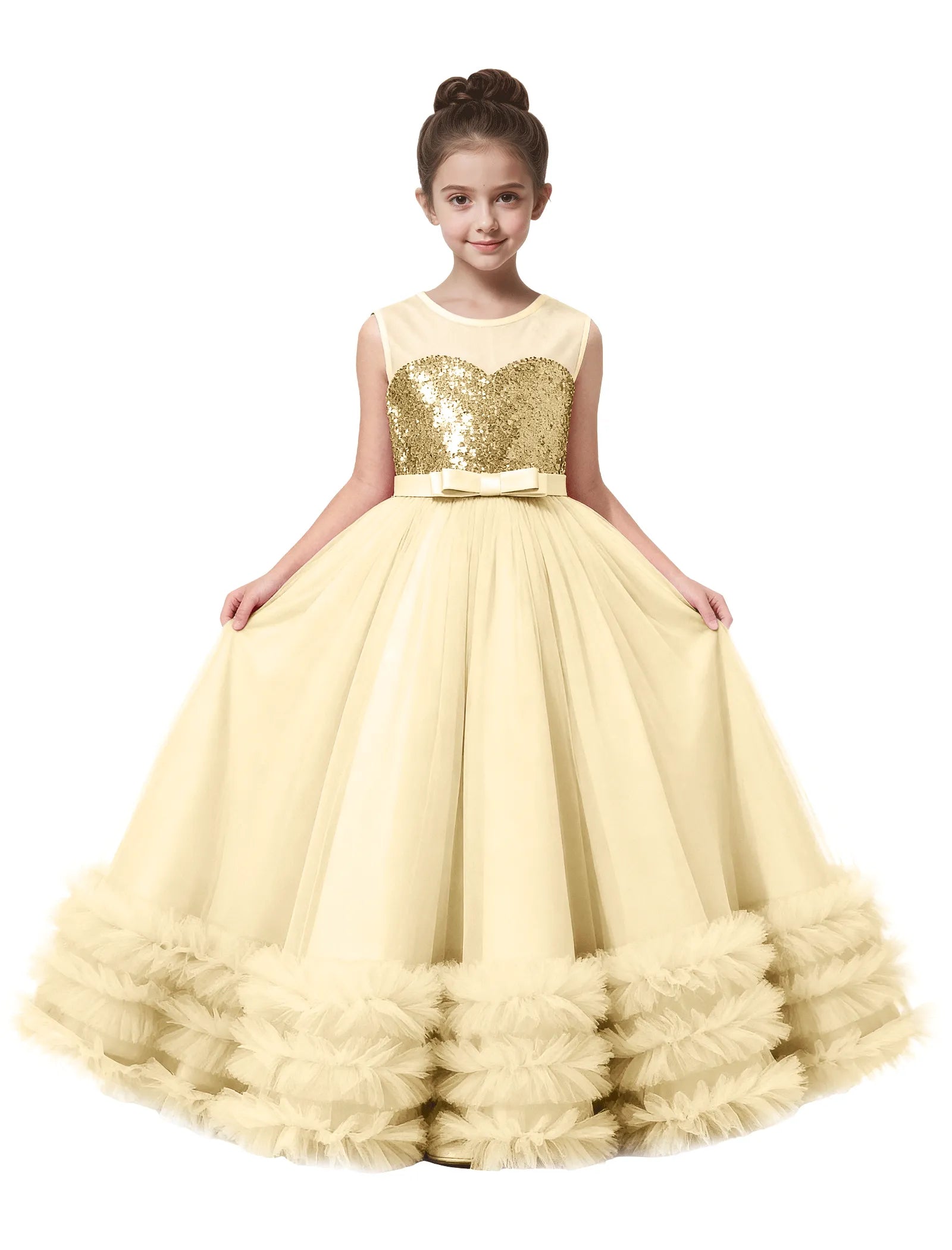 Sequin Tulle Ball Gown Dress with Bow for Girls