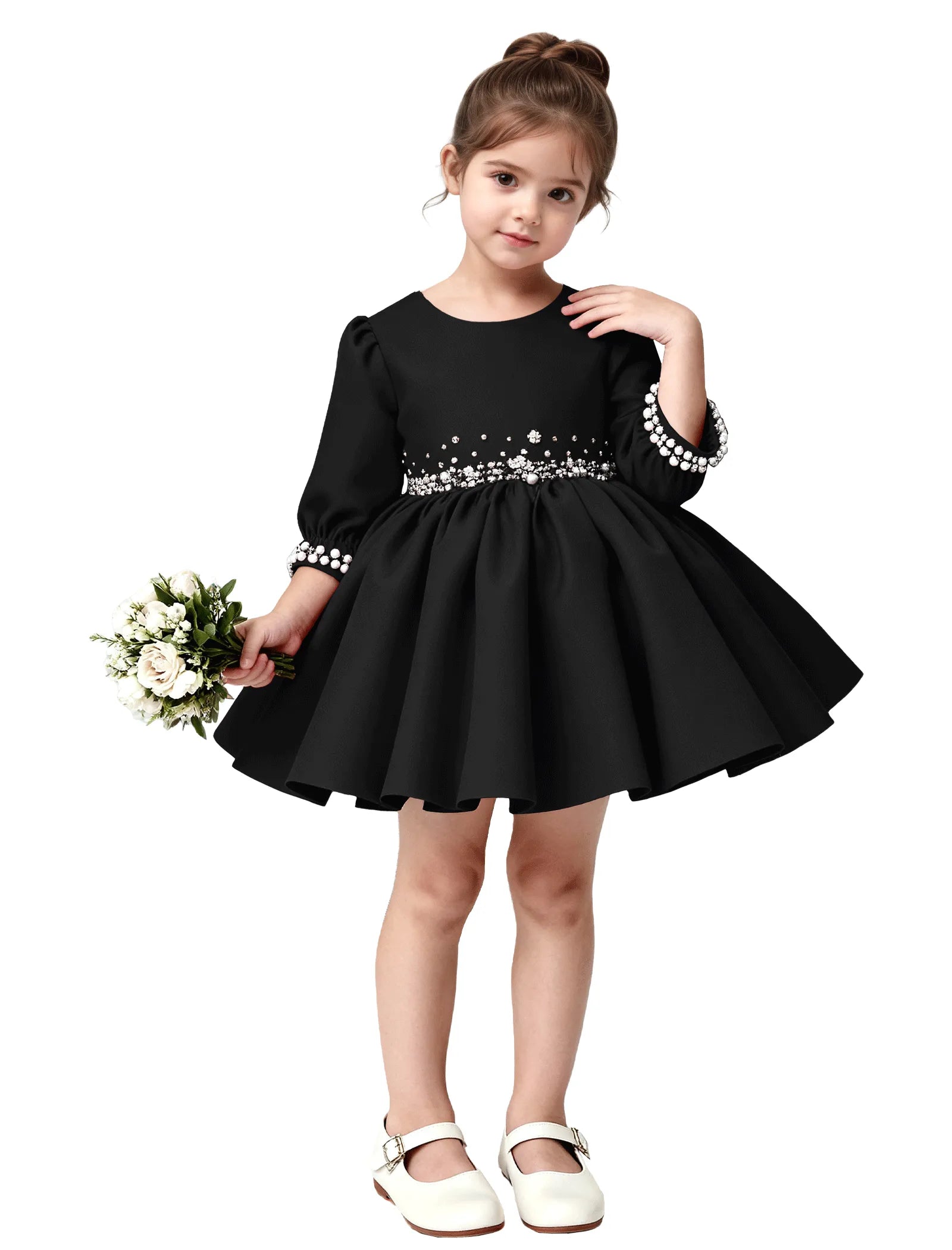 Girls Long Sleeve Satin Pearl Dress with Bow Back