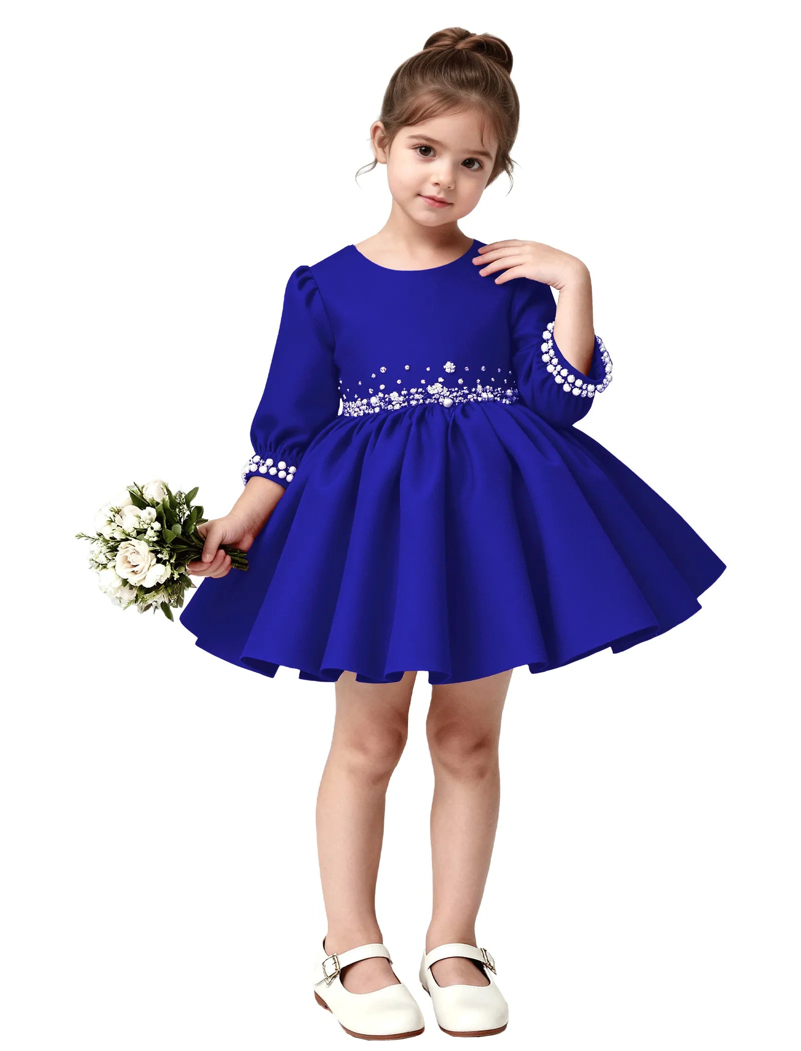 Girls Long Sleeve Satin Pearl Dress with Bow Back