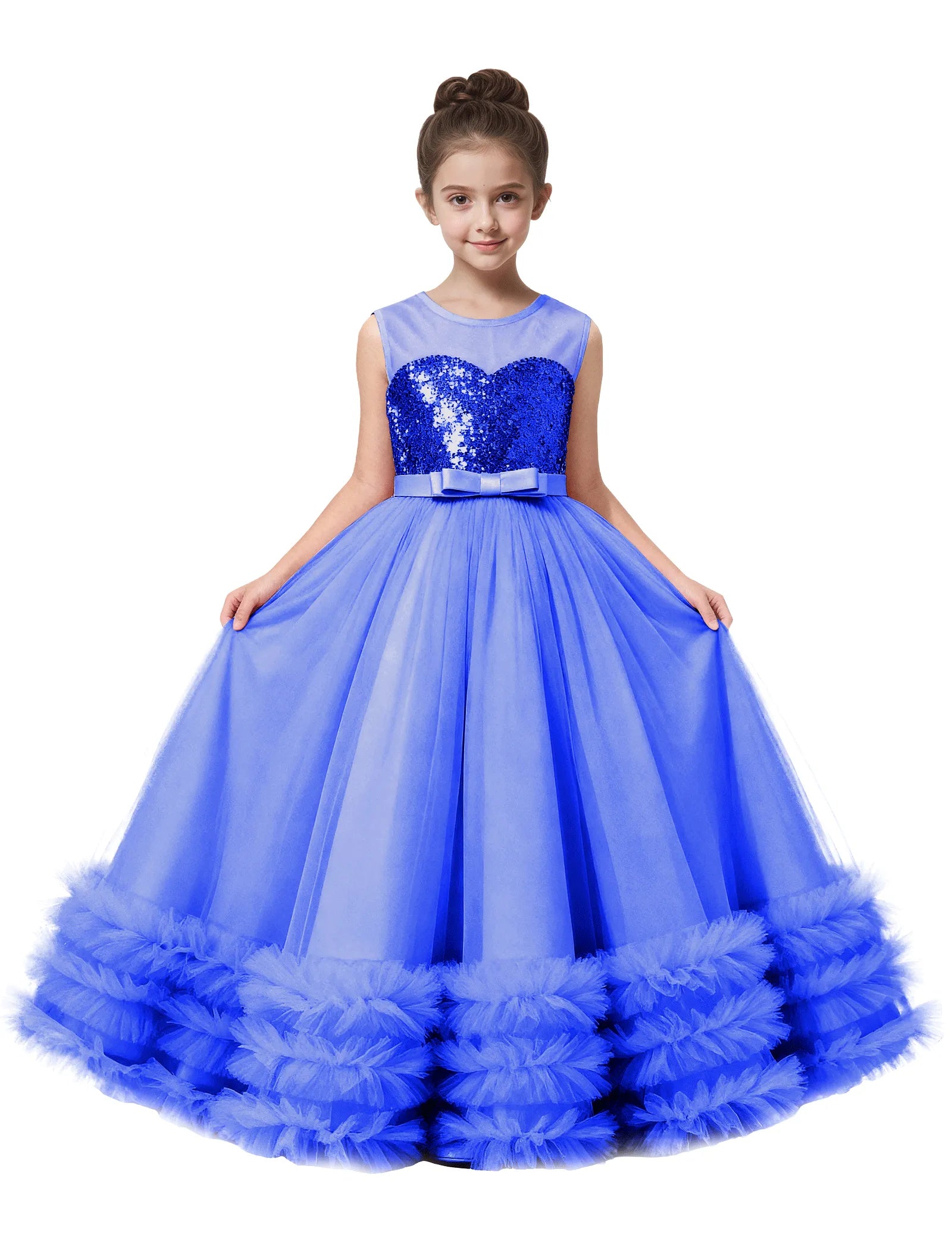 Sequin Tulle Ball Gown Dress with Bow for Girls
