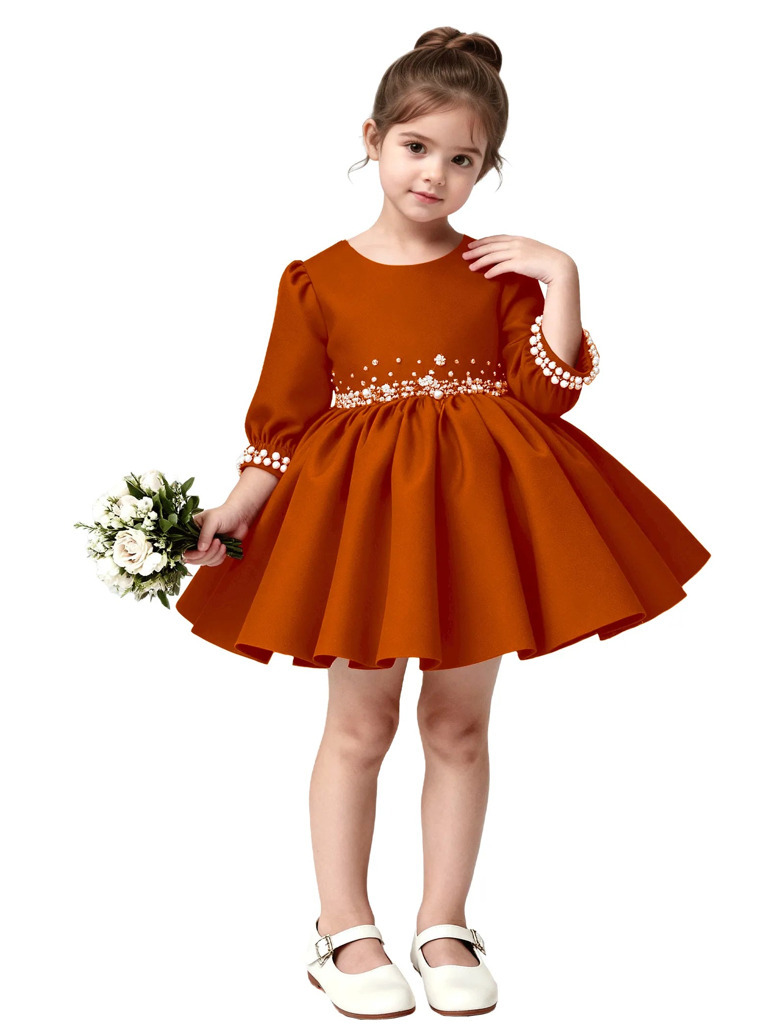 Girls Long Sleeve Satin Pearl Dress with Bow Back