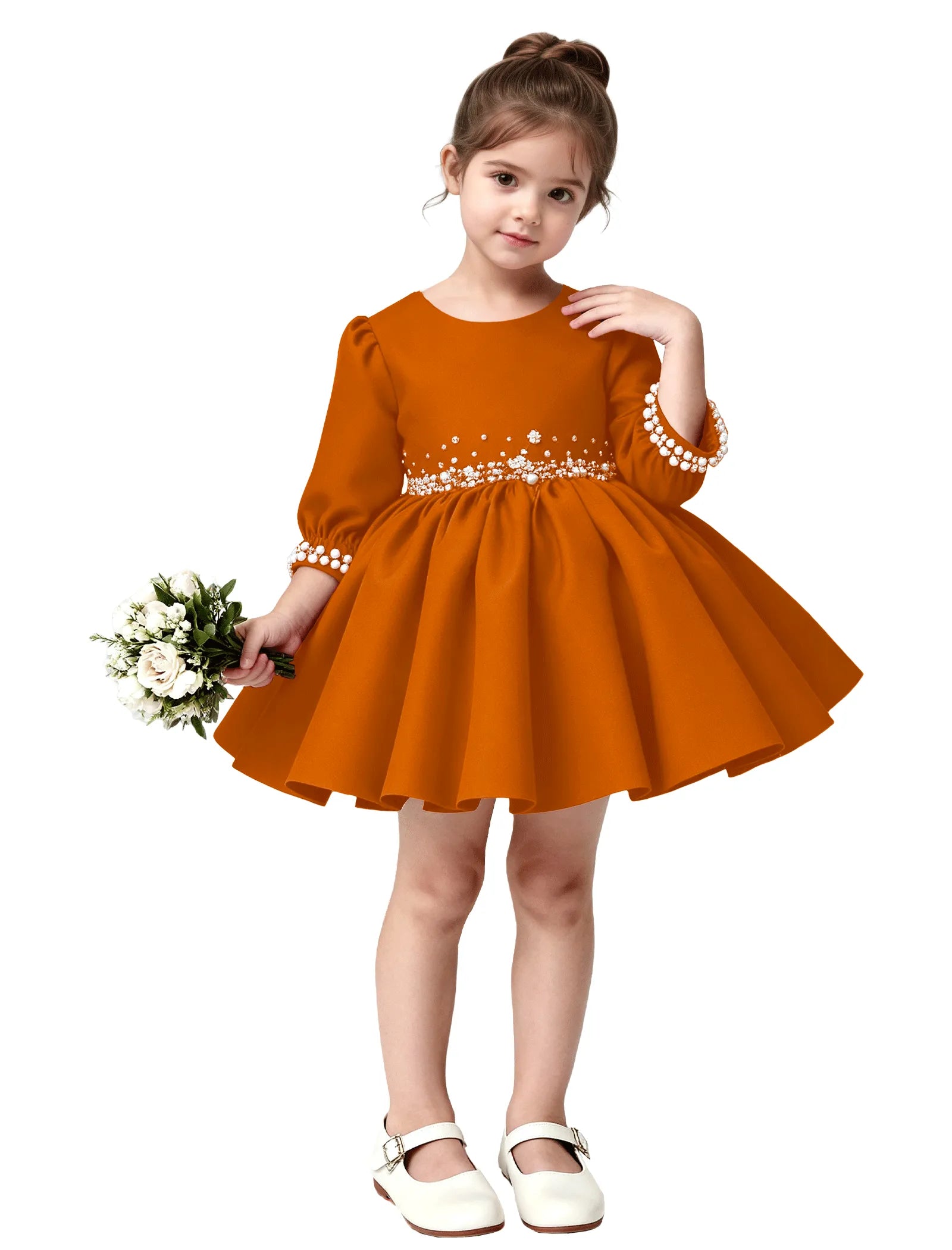 Girls Long Sleeve Satin Pearl Dress with Bow Back
